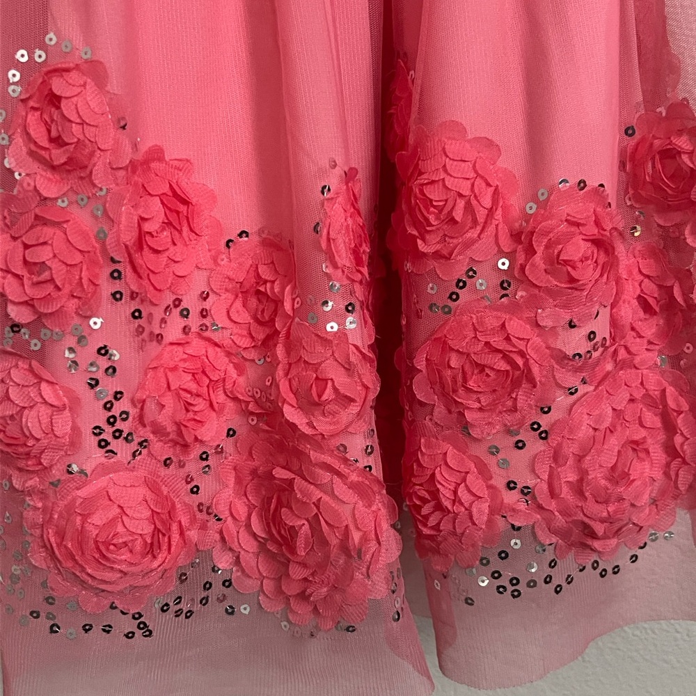 Beauties Elegant Halter-Neck Pink Kids Dress with Floral & Sequin Accents SZ 12 - Picture 3 of 5